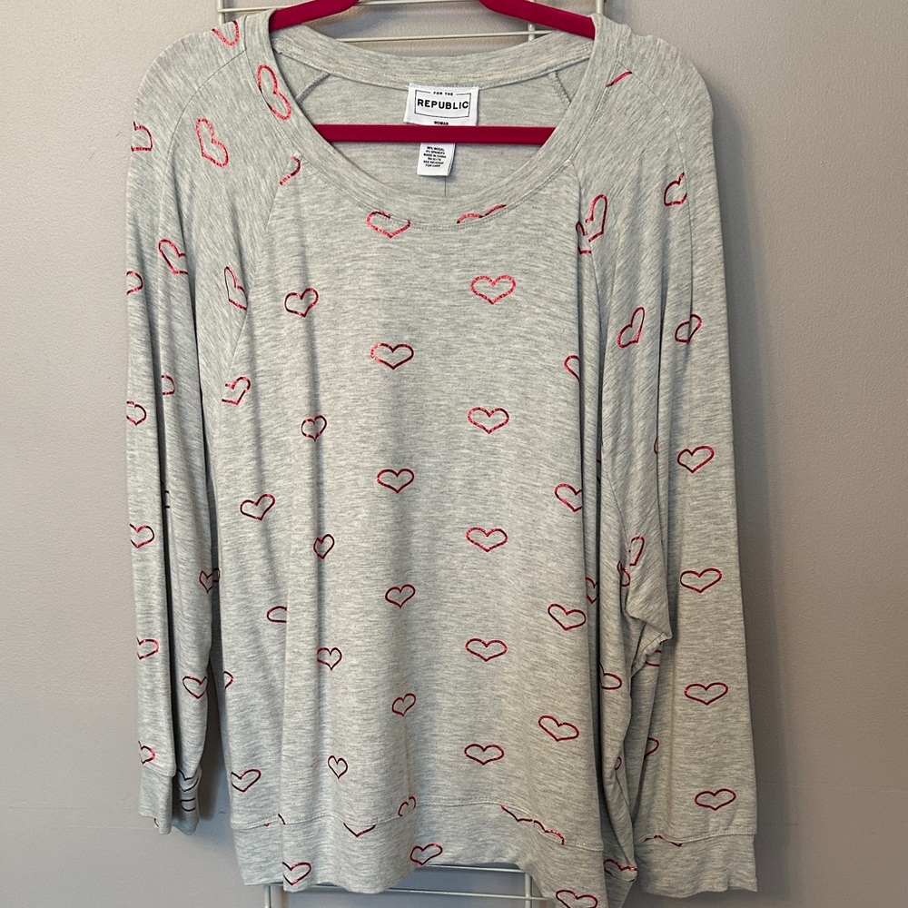 For The Republic Light Gray Long Sleeve Tee with Red Heart Print